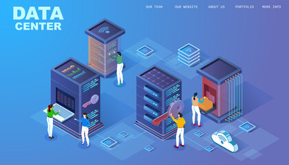 Obraz premium Illustration of network telecommunication server. Protecting your personal information. 3d isometric flat design. Landing page.