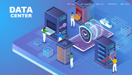 Illustration of network telecommunication server. Protecting your personal information. 3d isometric flat design. Landing page.