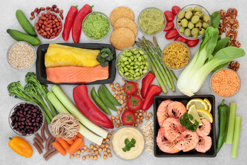 Low glycemic health food for diabetics with vegetables, seafood, dips & pasta with all foods below...