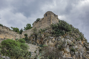 Fototapeta na wymiar Wonderful scenery of the Rocca Mountain. La Rocca Mountain dominates the silhouette of Cefalu. Province of Palermo, Cefalu, Sicily, Italy.