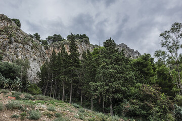 Wonderful scenery of the Rocca Mountain. La Rocca Mountain dominates the silhouette of Cefalu. Province of Palermo, Cefalu, Sicily, Italy.