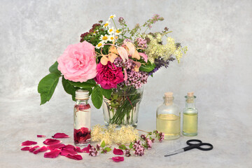 Aromatherapy essential oil preparation with summer herbs & flowers in a vase for infusing in oil. Still life with bottles and scissors on mottled grey background.