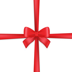 Realistic red ribbon banner on white backdrop. Holiday concept. Xmas present. Realistic template. Vector design template.