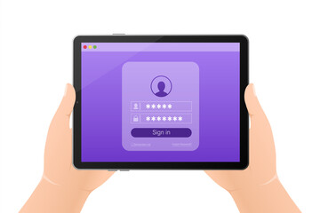 Log in tablet hands, great design for any purposes. Vector illustration flat design. Laptop screen. Phone icon vector. Cartoon button with log in tablet hands.