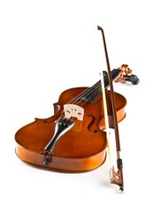 Obraz na płótnie Canvas Brown wooden fiddle or violin, classic musical instrument, with bow on white background