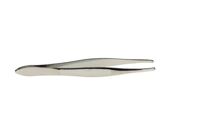 Close up view of metal tweezer isolated on white background.