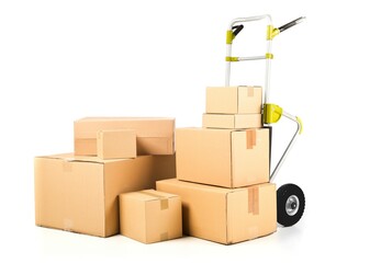 Heap or stack of brown carton transport boxes with barrow over white, delivery, freight or...