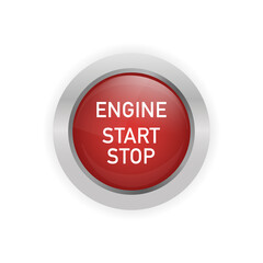 Abstract illustration with red engine start button on white background. Isolated vector icon. Isolated white background. Symbol, sign. Finger touching red button.