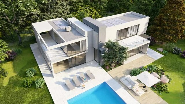 3D animation with a big contemporary house with a pool and a garden