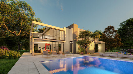 Big contemporary villa with pool at sunset
