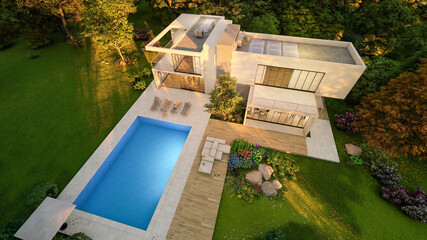 Big contemporary villa with pool, aerial view at sunset
