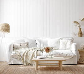 Cozy home interior background, Coastal style living room, 3d render