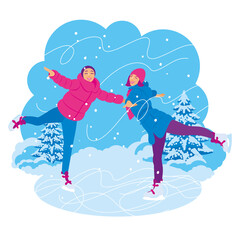 TWO GIRLS STANDING ON SKATE IN A POSTER OF A SWALLOW, VECTOR ILLUSTRATION, CHARACTER DESIGN