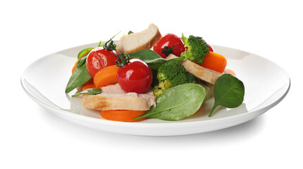 Delicious salad with chicken, vegetables and spinach isolated on white