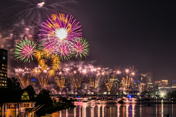 Fototapeta premium A huge fireworks display from a bridge in Boston