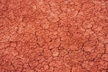 Nature background of cracked dry lands. Natural texture of soil with cracks. Broken clay surface of barren dryland wasteland close-up. Full frame to terrain with arid climate. Lifeless desert on earth