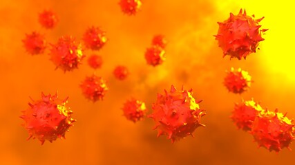 Red Virus, flu, view of a virus under a microscope, infectious disease. 3D illustration. 3D high quality rendering. 3D CG.