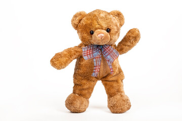 Teddy bear stopped on white background.