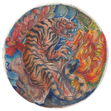 Hand drawn watercolour in circle illustration Japanese style.Tiger roaring on a rock with peony flower.