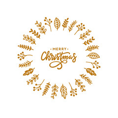 Christmas floral wreath. Merry Christmas handwritten calligraphy. Vector illustration.