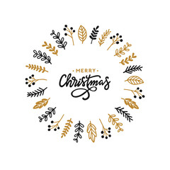 Christmas floral wreath. Merry Christmas handwritten calligraphy. Vector illustration.