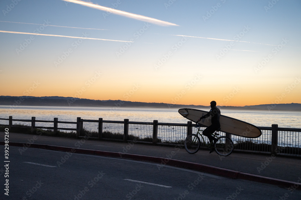 Wall mural surfer on bike at sunrise - Wall murals