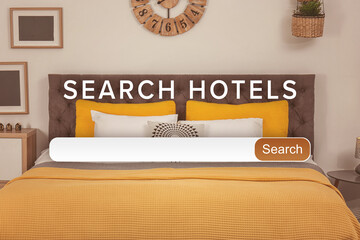 Booking online service. Search bar and beautiful hotel room on background