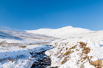 Snow covered mountains on a clear, bright, sunny winters day