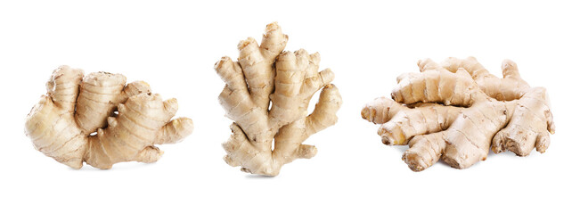 Set of fresh aromatic ginger on white background. Banner design