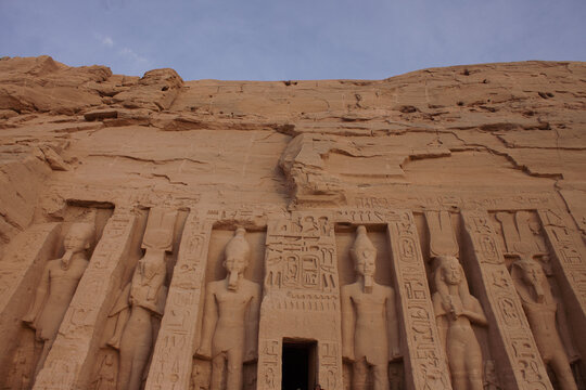 Entrace of a Majestic Temple in Abul simbel with Priests and rocks