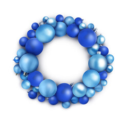 Beautiful festive wreath of Christmas balls on white background, top view