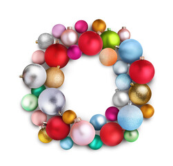 Beautiful festive wreath of different Christmas balls on white background, top view