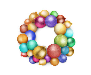 Beautiful festive wreath of different Christmas balls on white background, top view