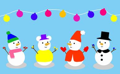 それぞれの衣装を着た4つの雪だるま
