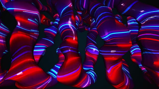 Volume amorphous shapes with color neon strips, computer generated. 3d render of surreal backdrop