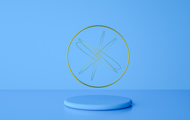 pastel cylinder pedestal with golden ring and geometric shapes mock up 3d rendering