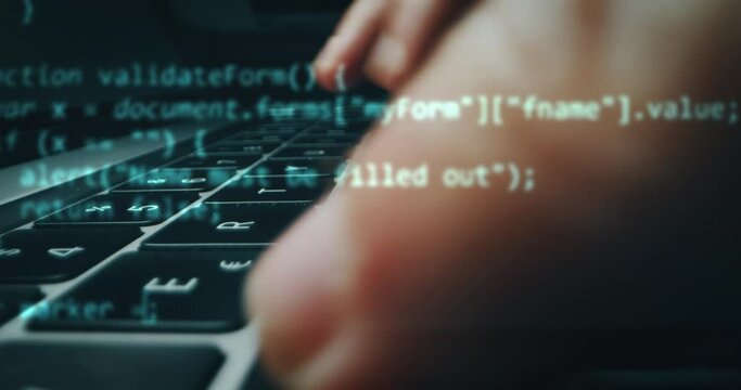 Alternative cinematic macro of programer's hands busy working on latest innovative sophisticated technology laptop or computer keyboard with augmented reality holograms for realization of new project.