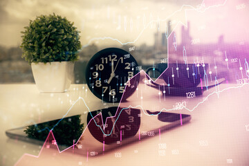 Double exposure of forex graph drawing and cell phone background. Concept of financial data analysis