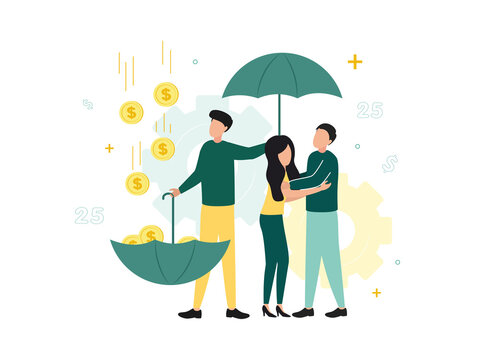 Finance. Trust, Fiduciary Services. People Stand Under An Umbrella Held By A Man Above Them, With An Inverted Umbrella In The Other Hand, Into Which Coins Are Falling. Vector Illustration