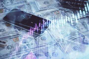 Double exposure of forex graph drawing over us dollars bill background. Concept of financial markets.