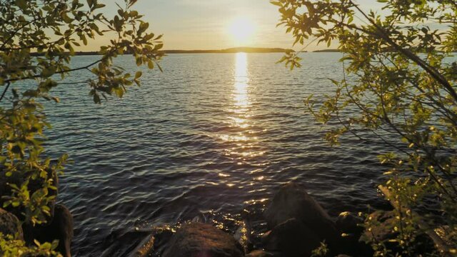 Smooth motion of the camera on the lake shore towards sunset. Karelia, Russia.