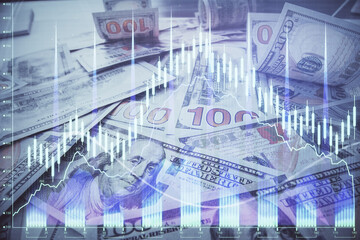 Multi exposure of forex chart drawing over us dollars bill background. Concept of financial success markets.