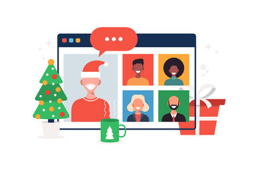 Christmas new normal. people meeting online together with family or friends video calling on browser window in internet. Merry and Safe Christmas flat vector illustration