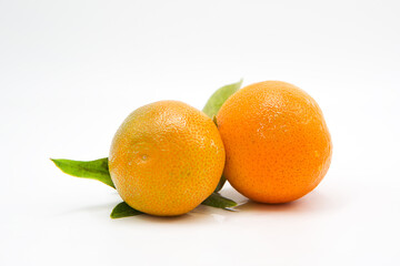 Ripe fresh tangerines on a branch with leaves isolated on white background