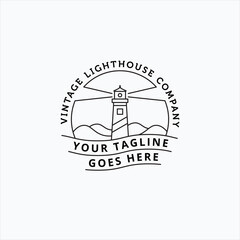 Minimalist line art vector of lighthouse logo with mountain and ocean waves illustration design