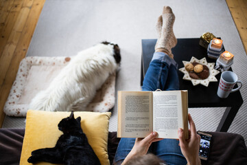 woman at home with dog hygge at Christmas time