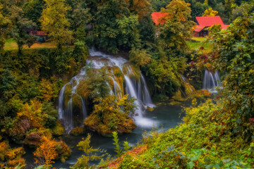 Waterfall Vilina Kosa. RASTOKE, CROATIA - autumn 2020. - Ethno village Rastoke in Croatia is located in the town of Slunj close to Plitvice lakes. Rastoke is known for its water powered mechanical mil