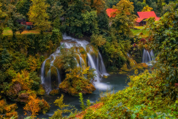 Waterfall Vilina Kosa. RASTOKE, CROATIA - autumn 2020. - Ethno village Rastoke in Croatia is located in the town of Slunj close to Plitvice lakes. Rastoke is known for its water powered mechanical mil