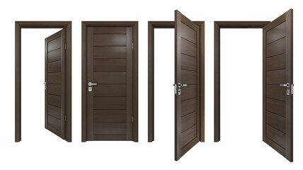 Set of modern, solid wood, single, 3D realistic entrances. Front view of closed and open intside, outside doors with dark brown wooden planks