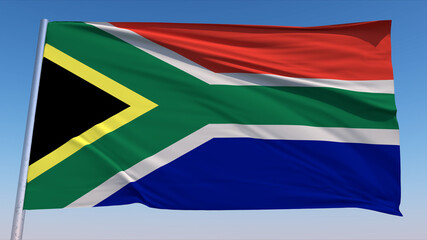 Realistic Waving South Africa Flag In The Wind With Pole On Clear Blue Sky 3D Illustration